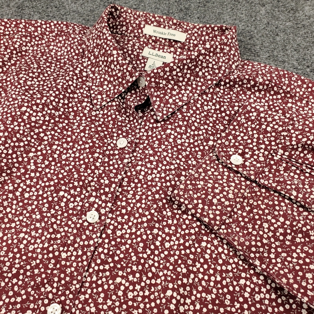 LL Bean Floral Blouse Womens Large Wrinkle Free Button Up Shirt Red Cottagecore